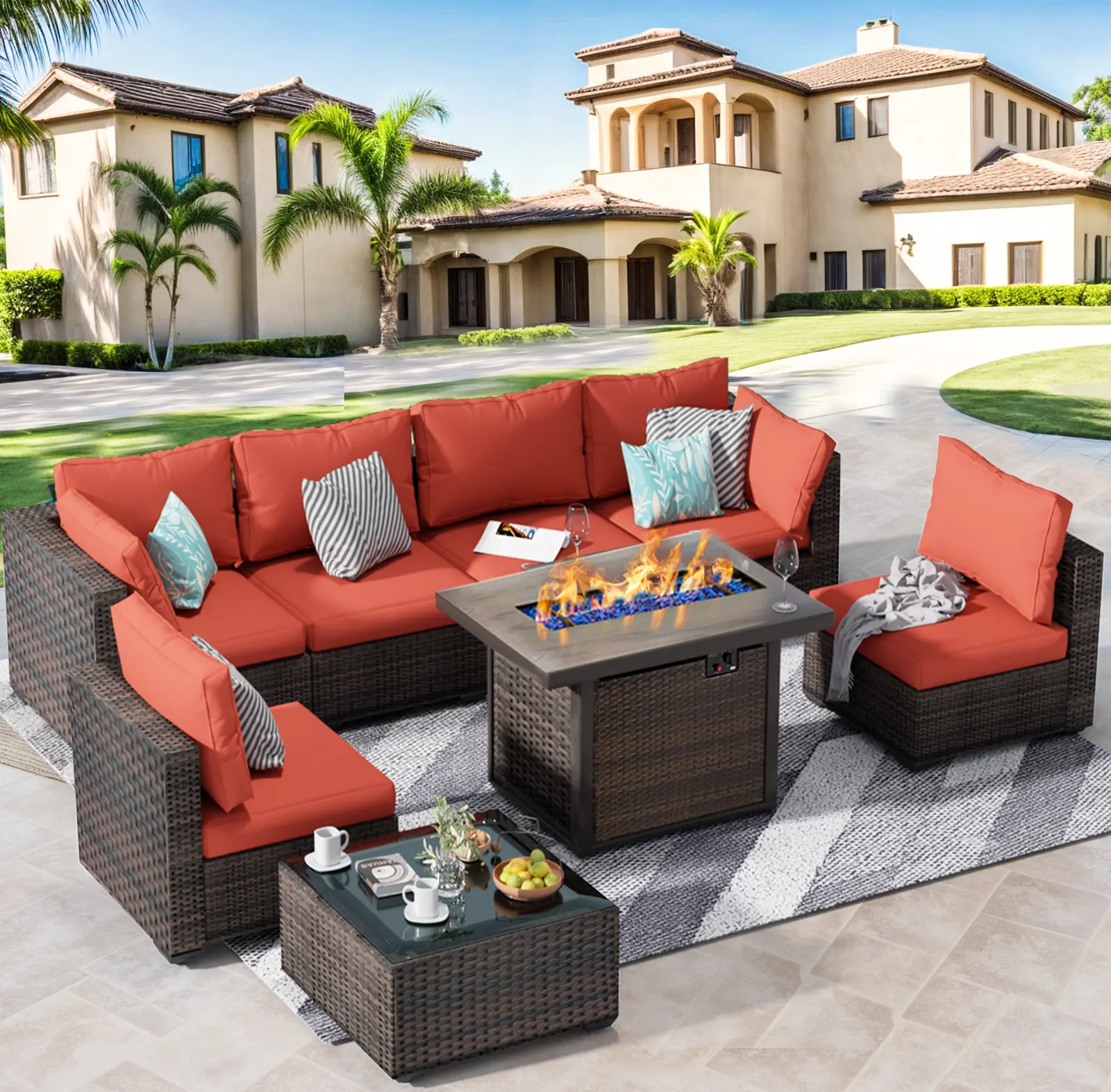 【4 packages shipping】Grezone Patio Furniture Set 8 Pieces with 44" Fire Pit Table,Outdoor Sectional Sofa PE Rattan Conversation Sets with Coffee Table for Garden Lawn Balcony homeessentials