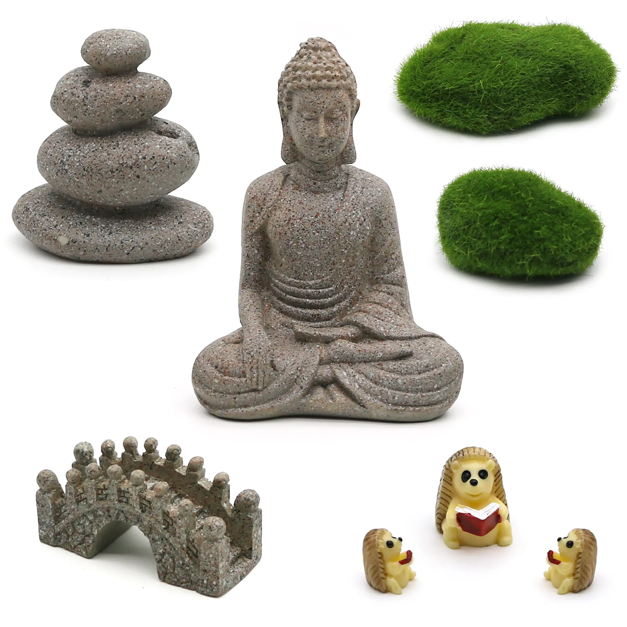 Meditation Zen Garden Accessories - Miniature Buddha Garden Kit Micro Landscape Terrarium Kit DIY Fairy Garden Buddha Statue Bridge Pagoda Moss Stone Unique Desktop Decor Gift