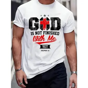 Men's Christian Religious T-Shirt - God Graphic T-Shirt with "I Am Not Finished" Bible Verse (Ephesians 1:5) and Red Cross Design - Heavyweight Cotton Shirt for Church
