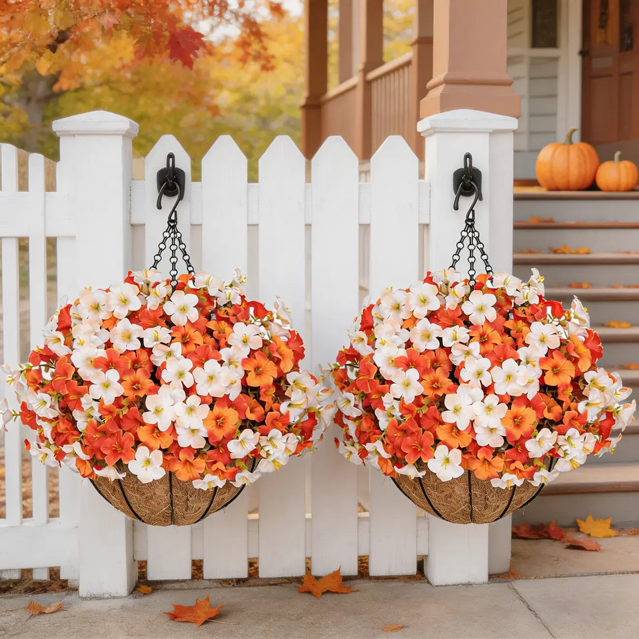 2 Pcs Artificial Morning Glory Hanging Flower Baskets with 24 Flowers & 2 Pots – Perfect Autumn, Thanksgiving & Halloween Outdoor Decor for Front Porch, Garden, Patio, Home