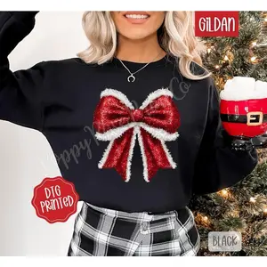 Glitter Santa Bow Sweatshirt, Trendy Women’s Christmas Crewneck