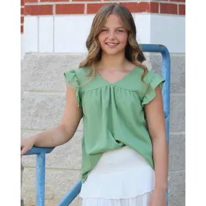 Olive V-Neck Ruffle Sleeve Top