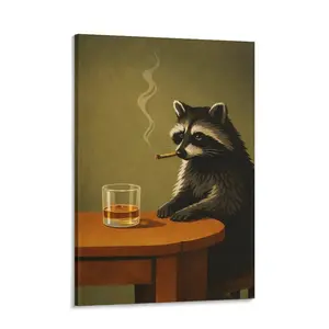 Smoking Raccoon Wall Art Poster Funny Whisky Lover Animal Print Dark Moody Bar   Home Decor  Gift