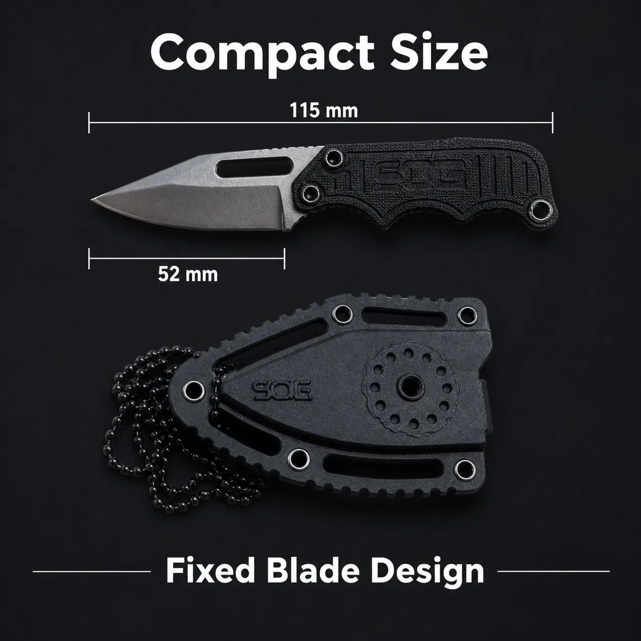 Mini Fixed-Blade Neck Knife with Beaded Chain, Tactical EDC Utility Tool, Nylon Fiber Handle, Kydex Sheath for Outdoor Camping Fishing