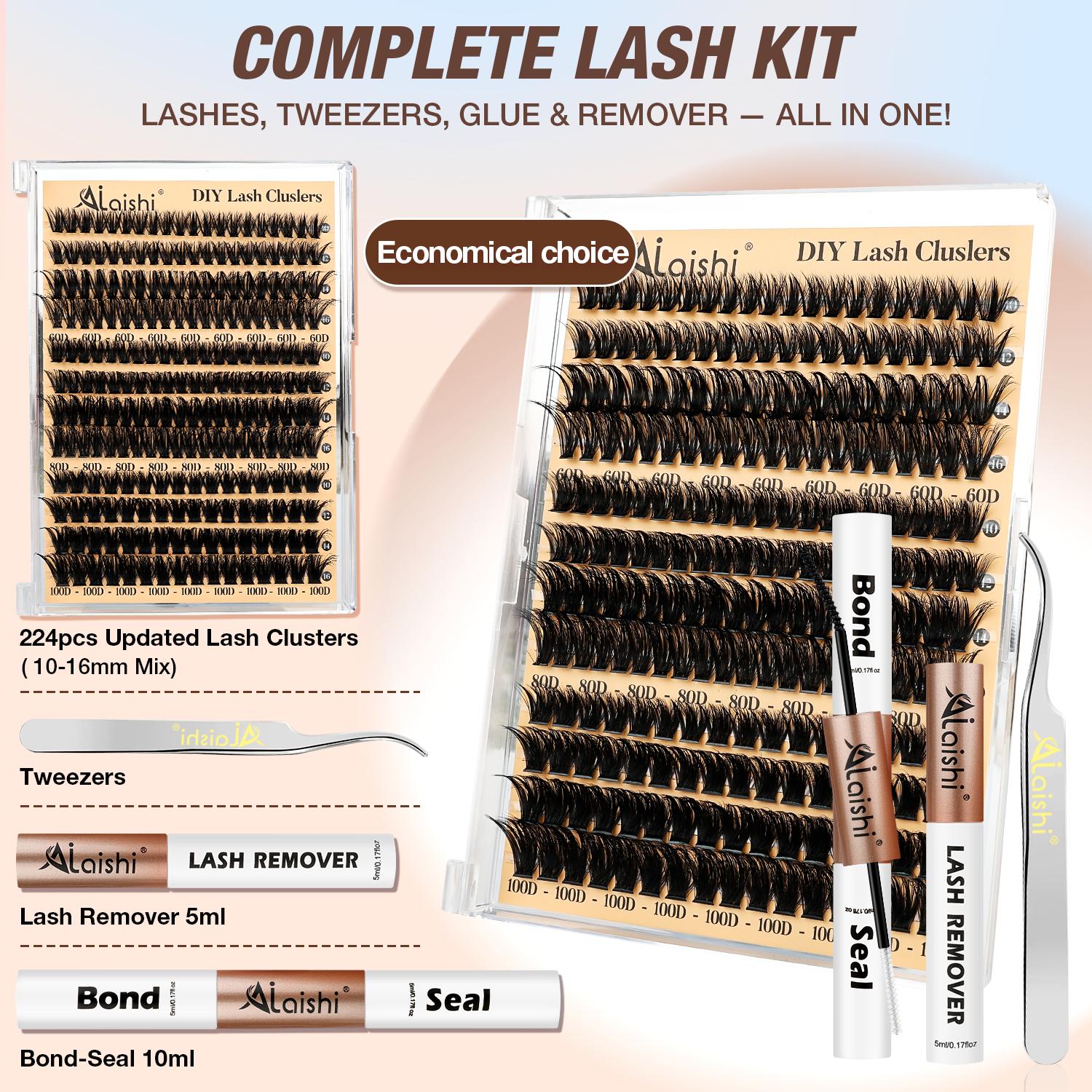 Ailaishi 60D+80D+100D Lash Clusters Kit, 224PCS DlY EyelashExtensions, 10-16mm Dense Volume Lashes with Bond &Seal Remover Tweezers for Self Use