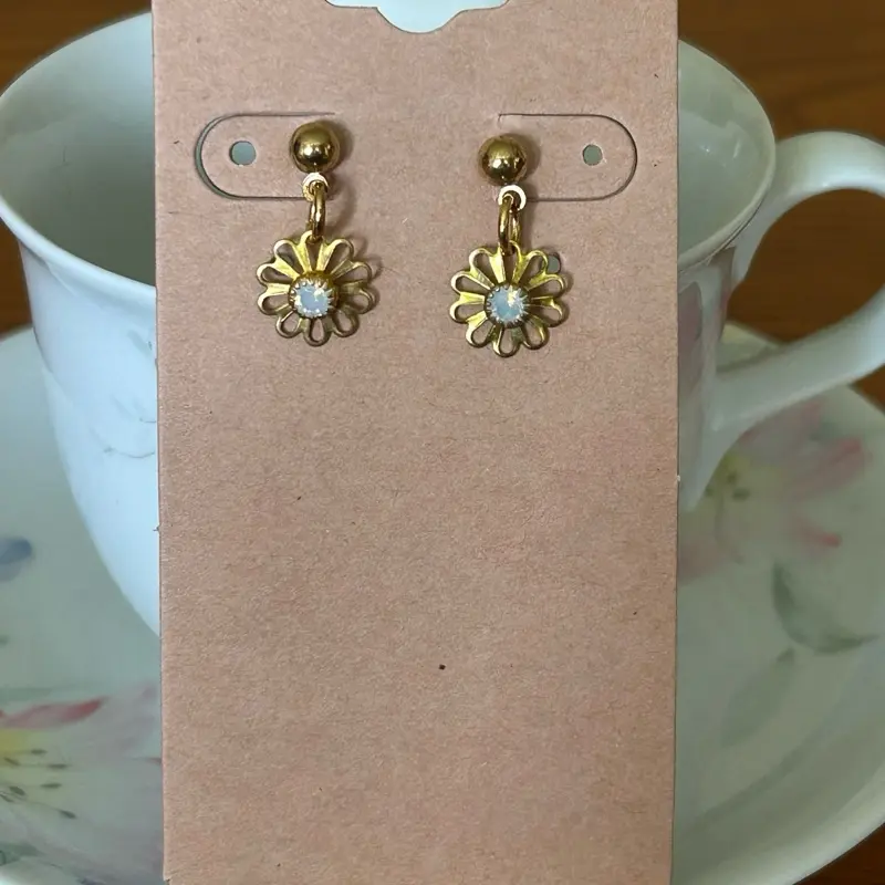 Sweet Vintage Daisy Earrings - Made by Jewelry For You By Beck- Gold Tone with White Opal Rhinestone Center Delicate Stylish Accessories for Any Occasion Elegant Design Handmade Vintage Charm