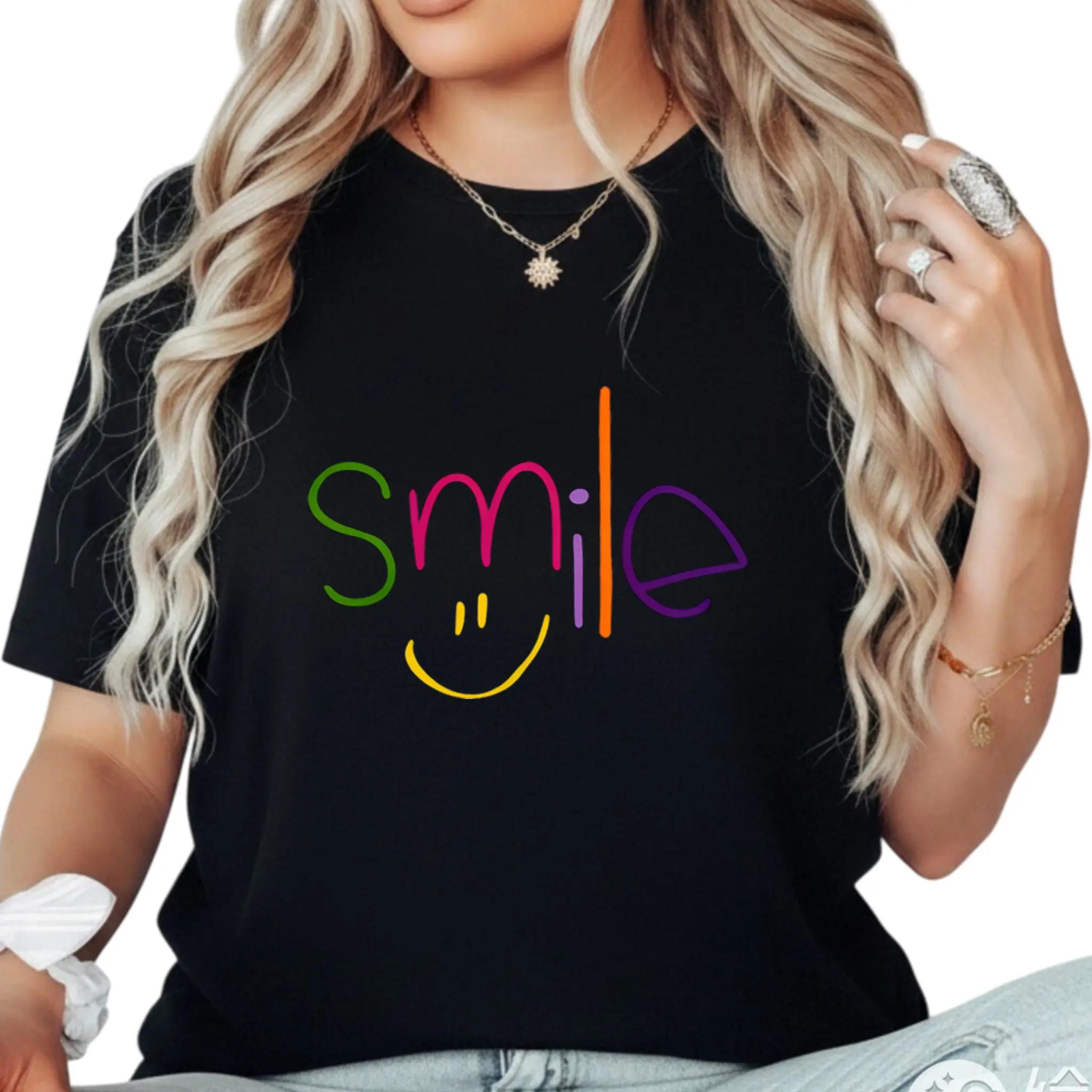 The colorful word "smile" features the letter "i" designed as a yellow smiley face pattern. This is a new summer women's T-shirt, short-sleeved T-shirt top, casual fashion printed T-shirt for women, elegant women's clothing, women's summer top, and women'