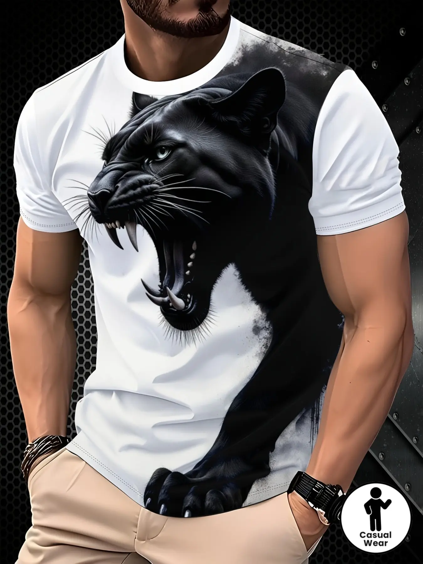 Men's 3D Black Panther Print Graphic Short Sleeve T-Shirt, Casual Trendy Top, Fashionable Unique Fitted Bottoms, All Seasons Wear