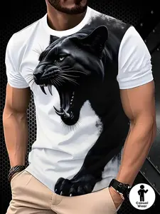 Men's 3D Black Panther Print Short Sleeve T-Shirt, Casual Trendy Top, Fashionable Unique Fitted Bottoms, All Seasons Wear