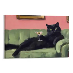1pc, Wall Art, Vintage Poster, Art Print, Black Cat on Sofa Painting, Green Pink Cocktail Print, Living Room Decor Aesthetic, Room Decor, Artistic, Wall Art Decoration