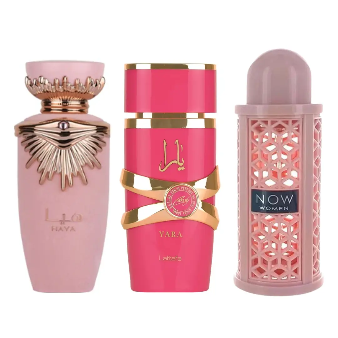 Lattafa Women's Fragrance Multi-Pack - Natural Floral EDP Bundle with Candy-Flavored Yara Candy, Elegant HAYA, Strong-Smelling NOW Rave Scents, 3.4 fl oz/100ml Each (3-3.9 fl oz Range), Boxed Women's Fragrance, Candy-Flavored Women's Fragrance