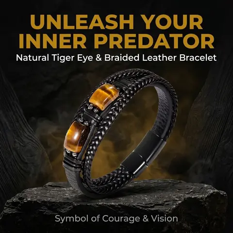 Handcrafted Bohemian Black Braid Look Crystal Gemstone Bracelet - Natural Tiger Eye, Durable Black Leather, Premium Hypoallergenic Healing Jewelry for Spiritual Explorers, Wedding Gift, Tiger Head Pendant/Round Stone/String Cord Bracelets & Bangles