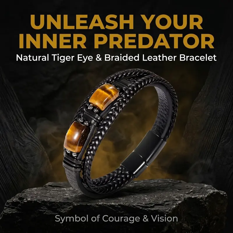 Handcrafted Bohemian Black Braid Look Crystal Gemstone Bracelet - Natural Tiger Eye, Durable Black Leather, Premium Hypoallergenic Healing Jewelry for Spiritual Explorers, Wedding Gift, Tiger Head Pendant/Round Stone/String Cord Bracelets & Bangles