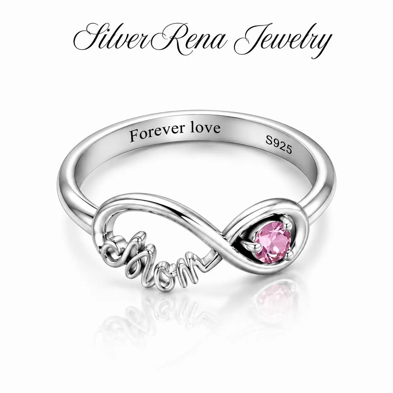 S925 Sterling Silver Infinity Mom Engraved Forever Love Pink CZ Stackable Ring Sentimental Mother’s Day Jewelry Anniversary Valentine Gift For Mom Women Grandma