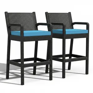Outdoor Wicker Bar Stools Set of 2, 30 Inch Bar Height Patio Barstools with Thickened Cushions, All-Weather Wicker Rattan Bar Chairs with Backrest & Footrest for Backyard, Pool, Balcony, Blue