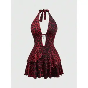 Y2K Sexy Harajuku Girly Goth Style Cross Decor Halter Leopard Print Mini Dress