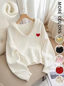 women's casual knit pullover sweater, v neck hooded sweatshirt, loose fit, heart embroidery, fall & winter fashion
