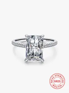 S925 Sterling Silver Fashion Rectangle Shaped Artificial Zircon Ring, Luxury Bridal Engagement Ring for Women, Trendy All-match & Exquisite Jewelry for Birthday Gift