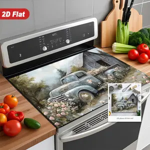 1pc 2D Flat Protective Pad for a Stove Featuring a Vintage Truck Adorned with Roses, Parked to a Rustic Barn And Set in a Charming Garden, Bringing Feelings of Nostalgia And Peace.