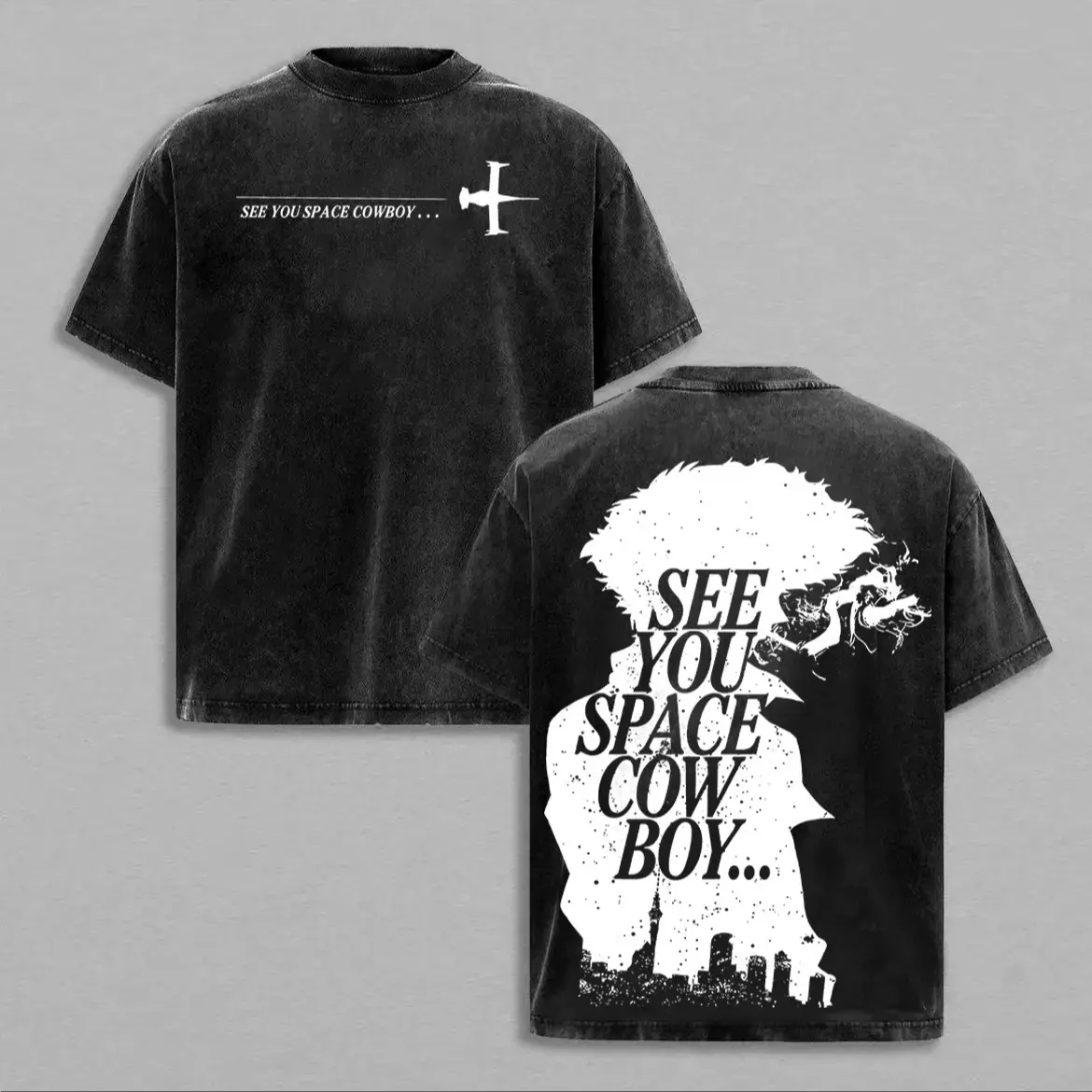 Spike x Cowboy Bebop Anime Double Printed Vintage Washed Tee Unisex Oversize Heavyweight Cotton T-shirt for Anime Fans and Lovers