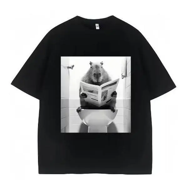 Women's Short-Sleeve Round Neck Casual Streetwear T-Shirt - Vintage Black-White Capybara Bathroom Photo Print, Premium Cotton Popular Rodent Animal Meme Top