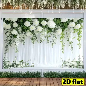 2D plane 1 piece white rose green leaf wedding background cloth, Wedding arched backdrop, polyester fiber material, soft gauze curtain design, suitable for wedding site decoration, engagement banquet, wedding photo shooting