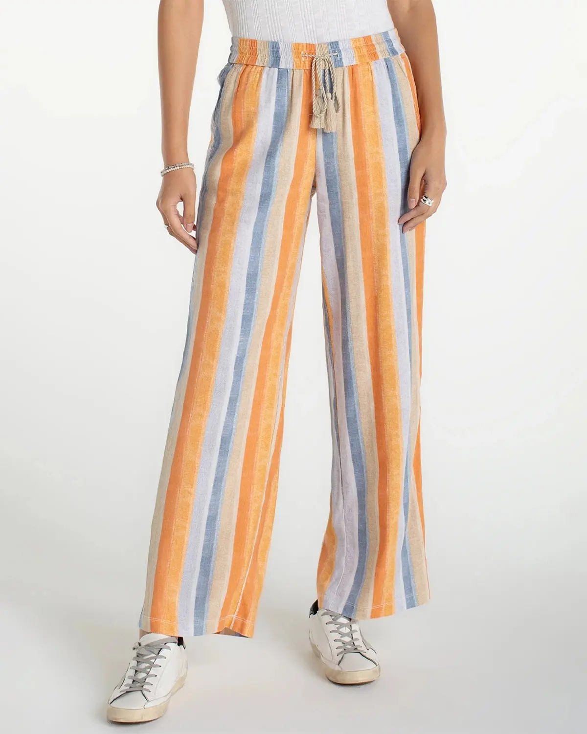 Women's Striped Linen Pants with a Casual Relaxed Fit, Breathable Fabric, Drawstring Waist and Side Pockets, Airy Linen Pants
