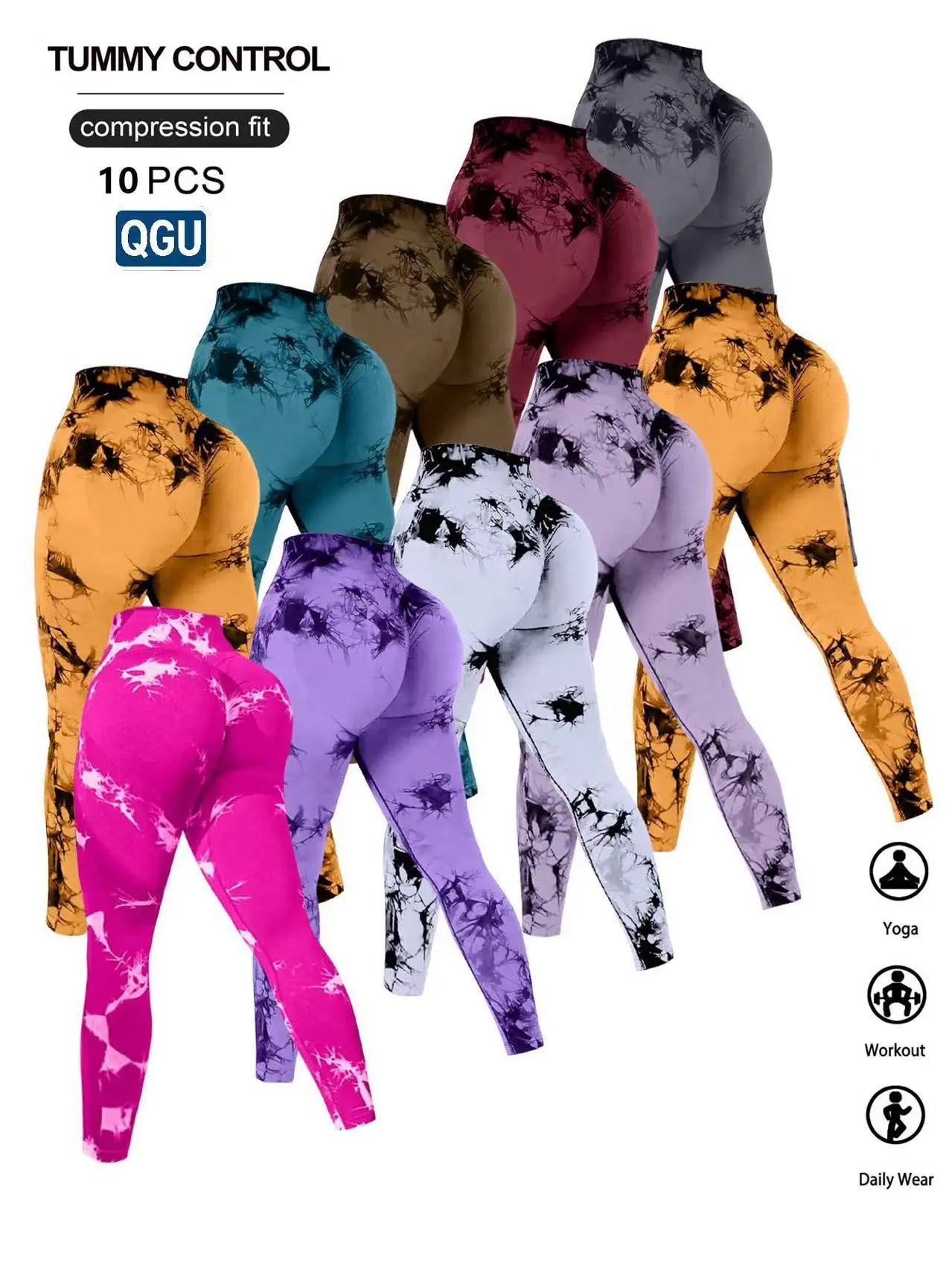 QGU Women's High-Waist Tummy Control Tie-Dye Yoga Pants - Summer Stretchy Peach Lift Compression Sports Bottoms, 10 PCS Assorted Colors Stylish Women's Wear for Yoga, Running, Gym