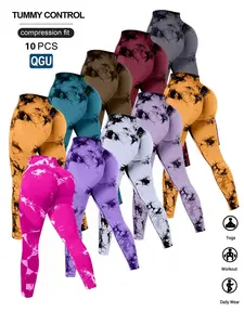 QGU High Waist Tummy Control Yoga Pants For Women Summer Tie Dye Fitness Leggings Stretchy Running Peach Lift Workout Tights Assorted Colors America Style Sports Compression Fit 10 PCS
