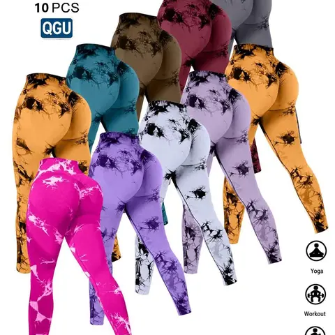 QGU Women's 10-Pair Assorted Tie Dye Stretchy Fabric High-Waist Compression Yoga Pants - Tummy Control, Butt Lift, Fitted Gym Workout Apparel, Everyday Active Women's Pants Multi Pack for Biking, Yoga