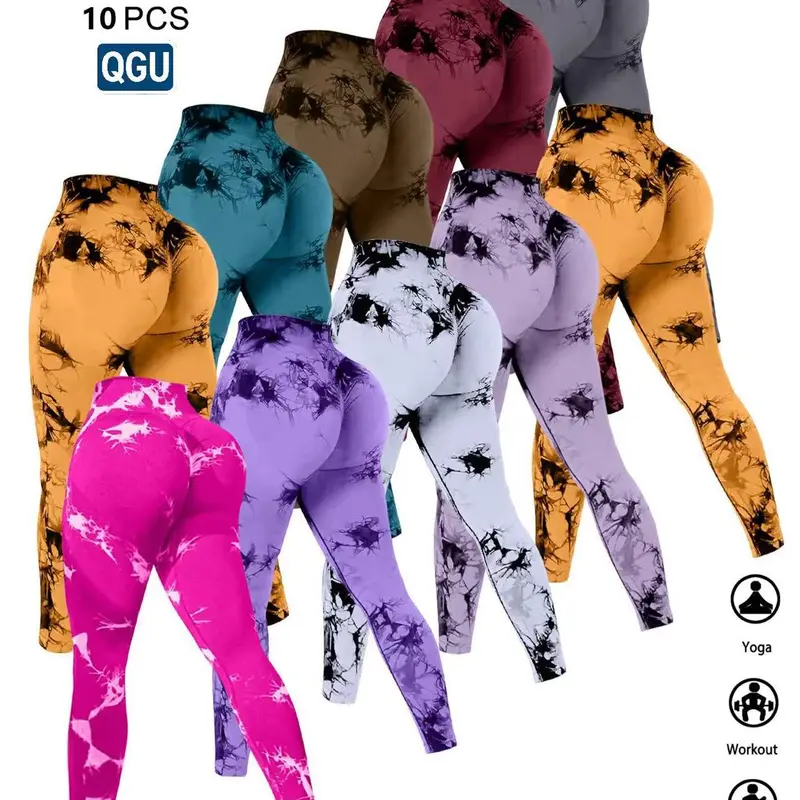 QGU Women's 10-Pair Assorted Tie Dye Stretchy Fabric High-Waist Compression Yoga Pants - Tummy Control, Butt Lift, Fitted Gym Workout Apparel, Everyday Active Women's Pants Multi Pack for Biking, Yoga