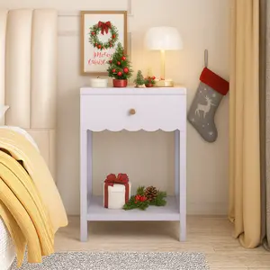 Modern White Nightstand with Drawer Open Shelf, Scalloped Edge Bedside Table for Bedroom, Minimalist Side Table for Kids'Room, Girls'Room (Purple, 16.93" D x 14.96" W x 26.77" H)