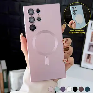 For Samsung Galaxy S24 Ultra S23 Plus S22 S21 S20 Magnetic Mag Safe Cover Matte Luxury Soft Metallic Luster Design with Camera Lens Protector, Shockproof Anti-Scratch Phone Case for Women/Men