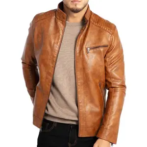 Men's Stand Collar Leather Jacket Motorcycle Lightweight Faux Leather Outwear