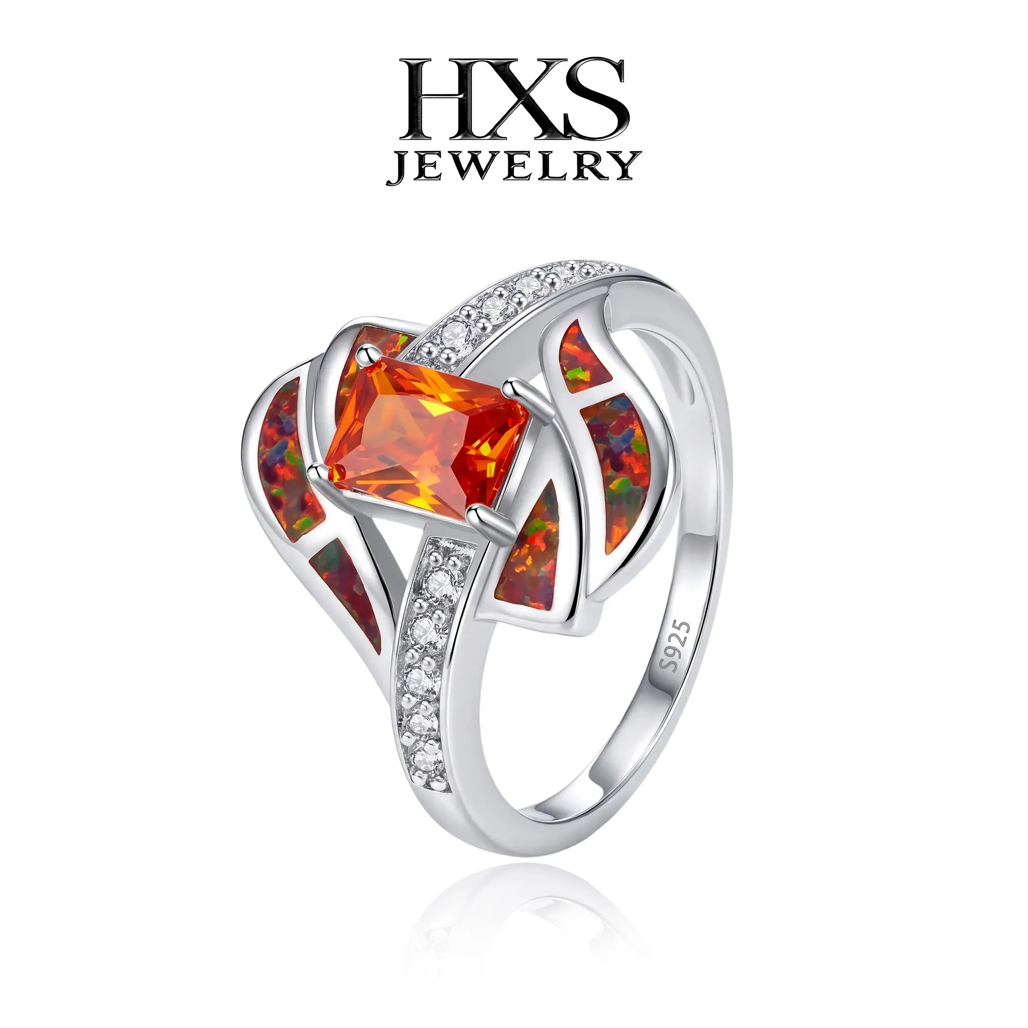 S925 Sterling Silver Modern Geometric Statement Ring - Rectangular Fire Orange Synthetic Gemstone Center, Colorful Fire Opal Mosaic Sides, Sleek Curved Band, Tiny CZ Accents, Chic Fashion Jewelry Daily Gift for Women, Trendy Artificial Gemstone Rings