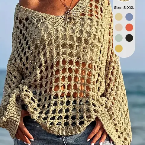 Summer Hollow Out Thin Breathable Sun Protection Knitting Sweater, Cool Comfort Knit Top, Women's Loose Casual Style, Elegant Hand Crochet Design, Knitwear