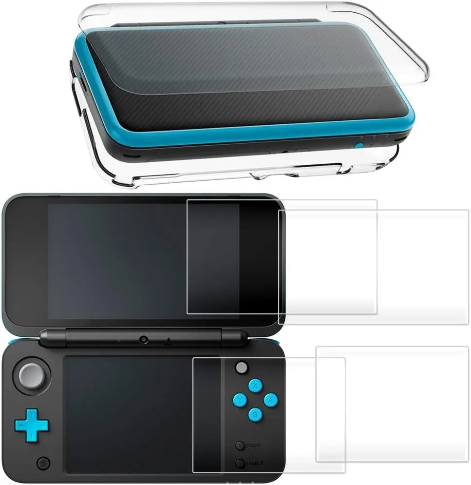 Hard Case Compatible  2DS XL with 2 Packs Screen Protector,  Anti-Scratch  Clear Case, with 4 count Tempered Glass Protective Films for Top and Bottom Screen