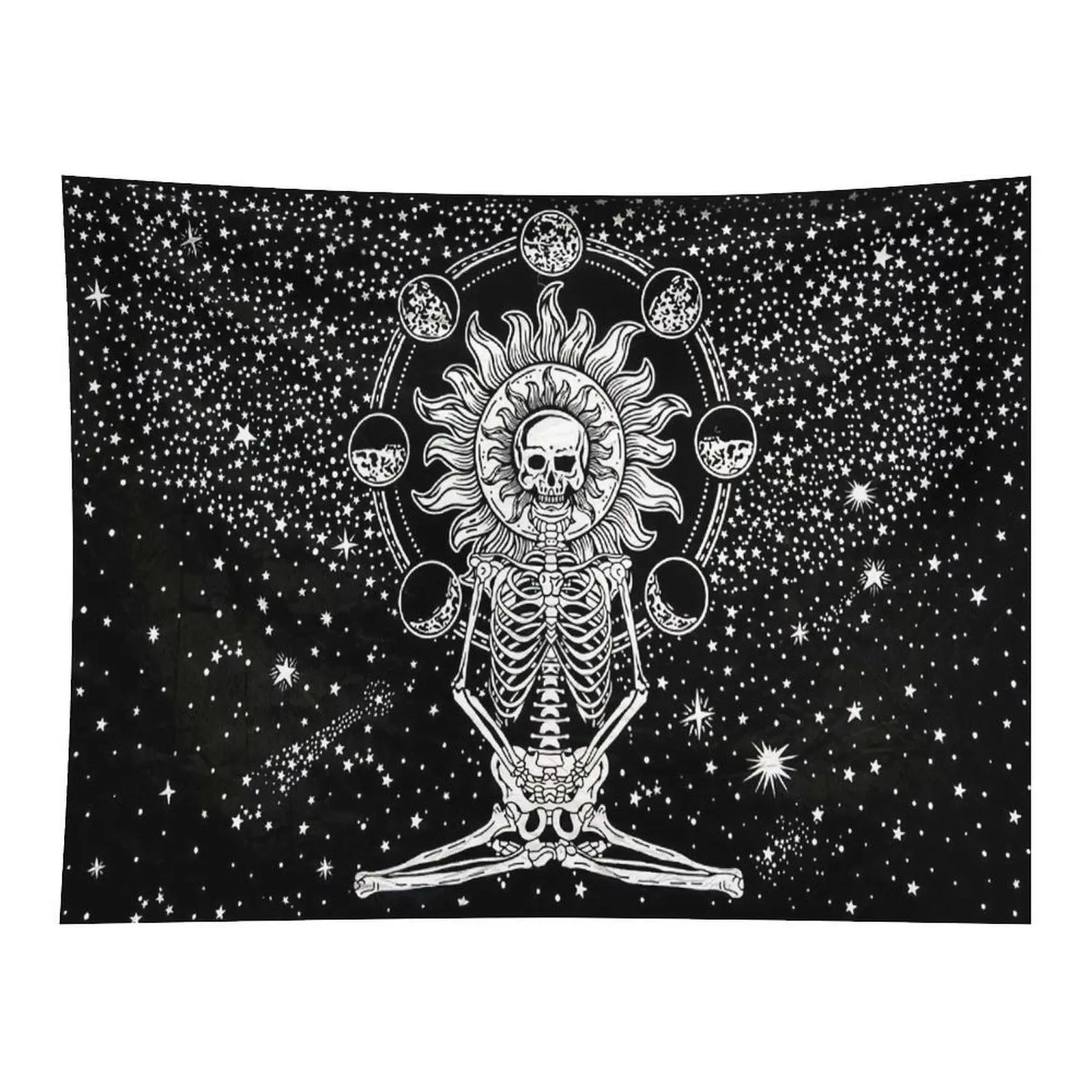 Meditating Skeleton Moon Phase Tapestry Black White Starry Sky Tarot Gothic Wall Hanging Mystic Spiritual Aesthetic Room Decoration