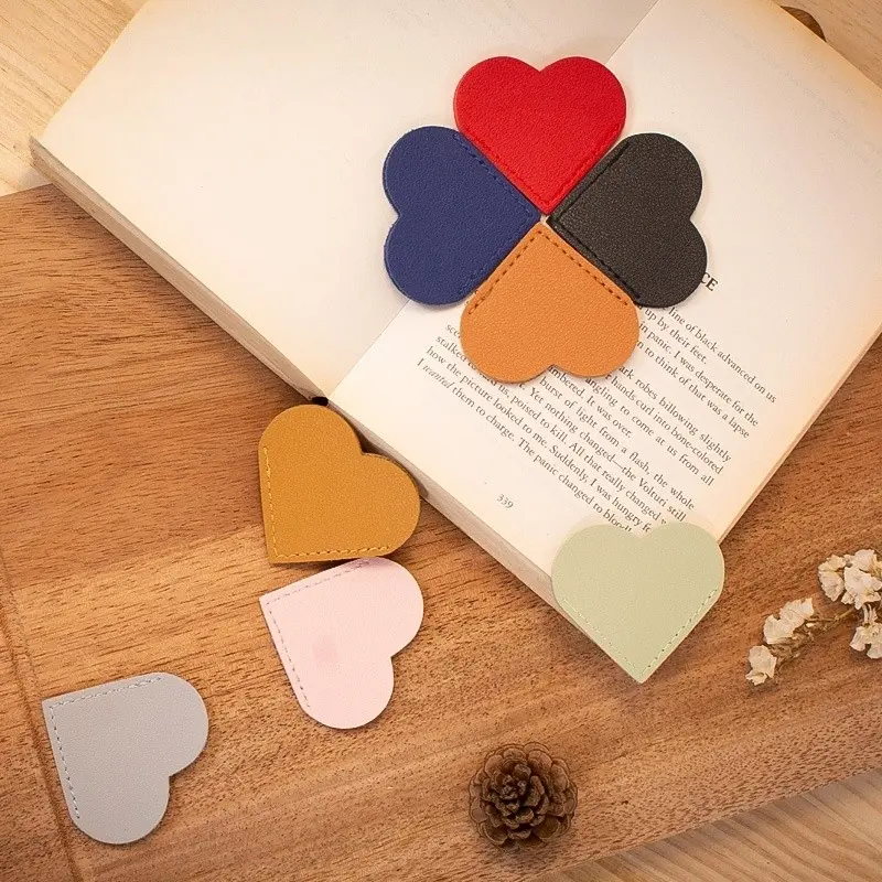 40-Pack Random Colors PU Leather Heart Bookmarks, Hand-Stitched Book Markers, Premium Stationery Accessories, Portable Reusable