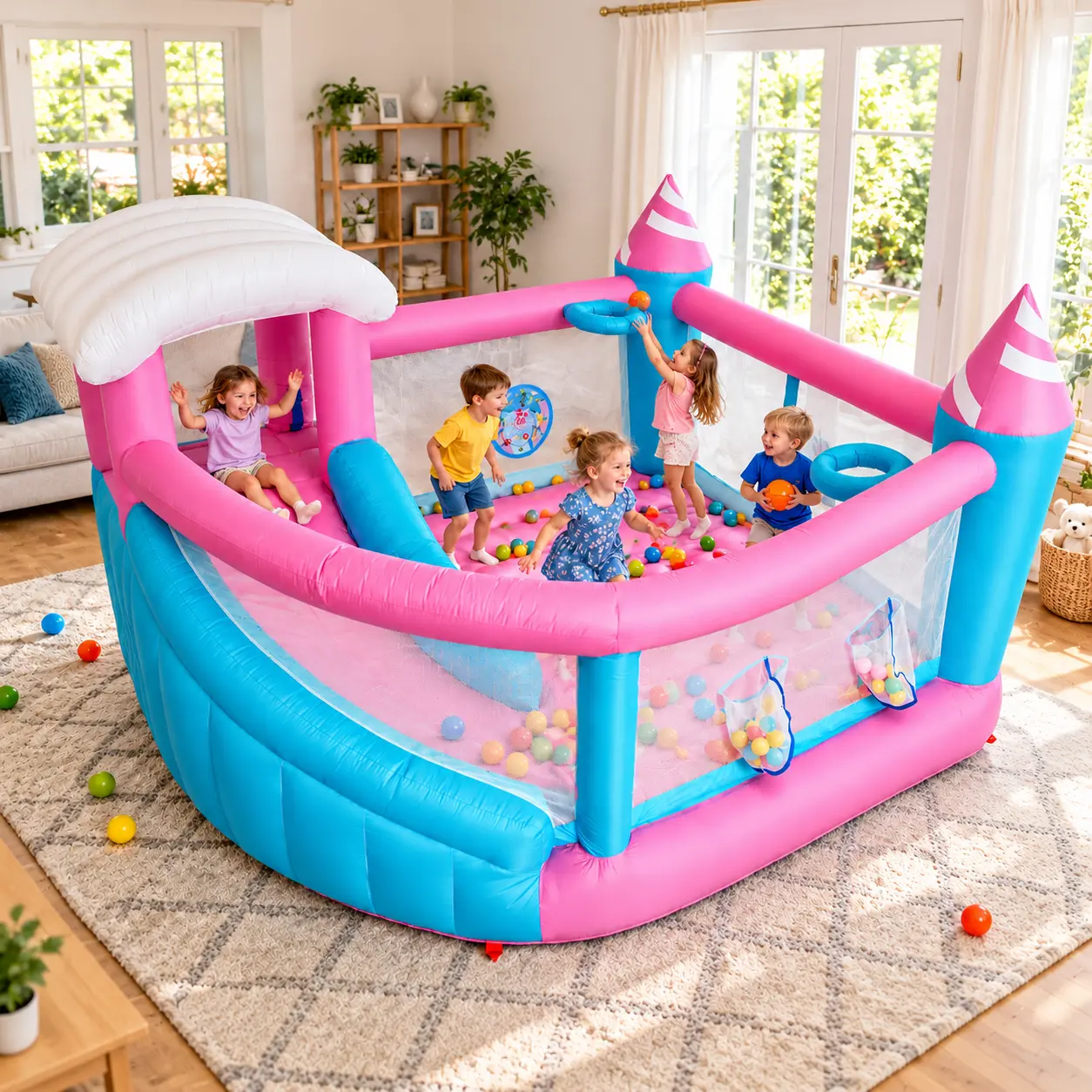ANYPOOL 6-in-1 Games Inflatable Ice Cream Bounce House for Kids with 470W Blower, Slide, Climbing Wall, Enclosed Mesh Play Area - Indoor & Outdoor Dry-Play Playground Equipment