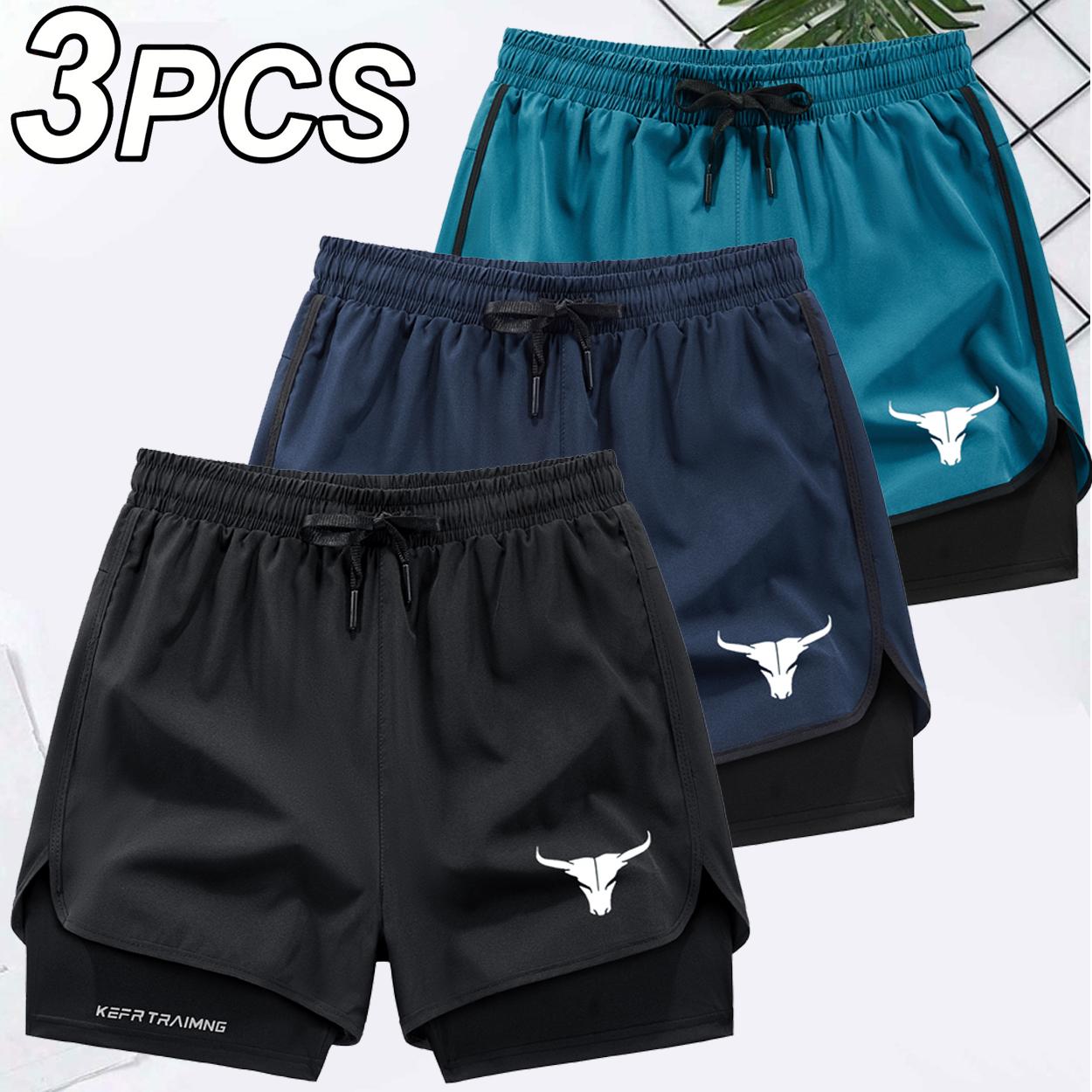 Men's 2 in 1 Quick Dry Gym Shorts, Bull Graphic Double-Decker Athletic Shorts with Zipper Pockets, 3 Pack Workout Running Shorts for Men Men's 2 in 1 Quick Dry Gym Shorts, Bull Graphic Double-Decker Athletic Shorts with Zipper Pockets, 3 Pack Workout Running Shorts for Men