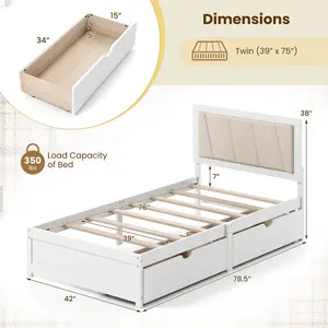 COSTWAY - Solid Wood Structure Bed Frame with 2 Drawers Upholstered Headboard-Twin Size