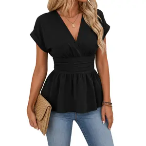 Women's Elegant Wrap V Neck Peplum Top, Cap Short Sleeve Stretchy Ruched Ruffle Slim Fit Solid Blouse for 2026 Summer Outfits