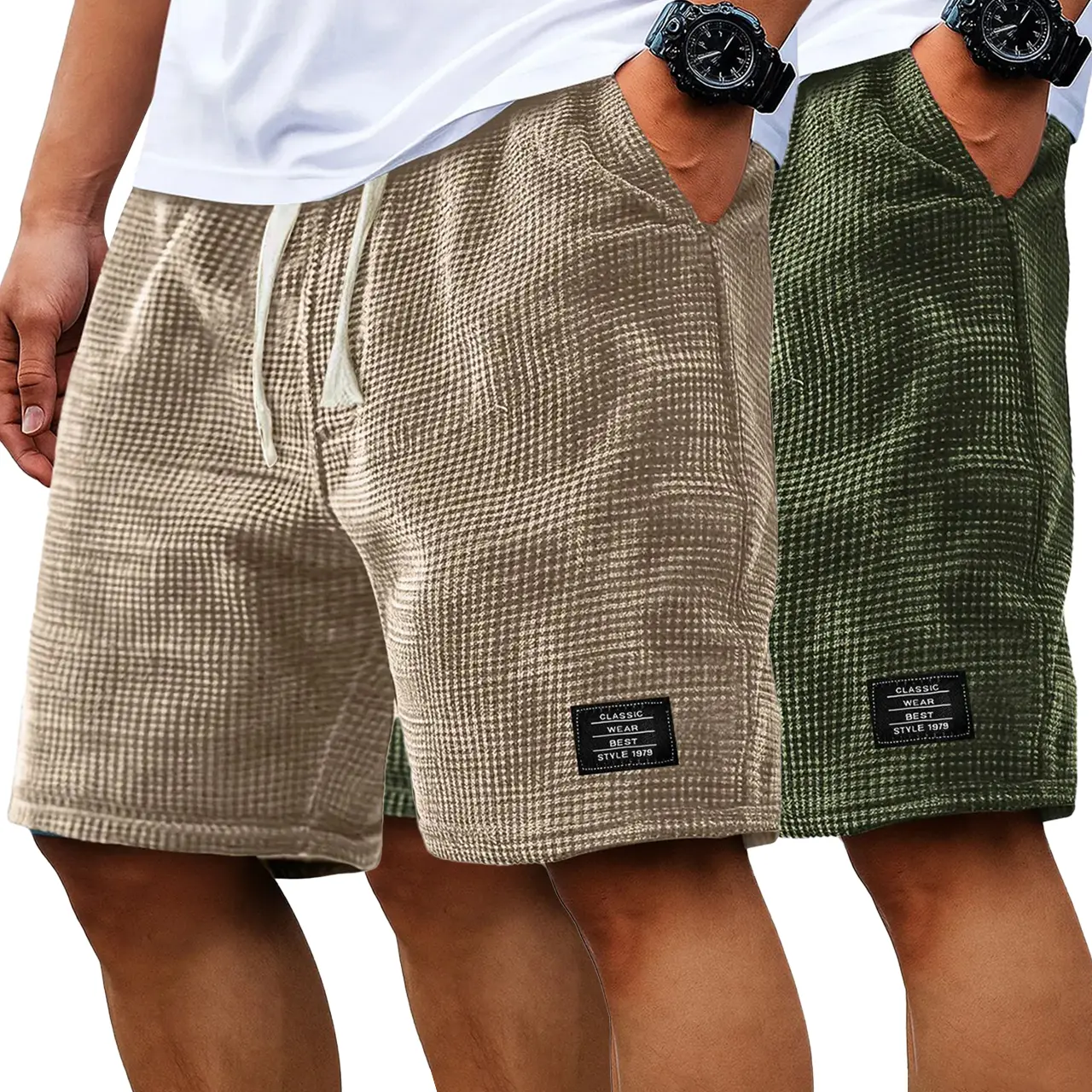Men's 2-Pack Waffle Knit Casual Shorts - Menswear, Adjustable Men's Loose Lounge Bottoms for Daily & Outdoor Use, Adjustable Men's Shorts