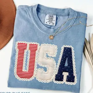Comfort Colors (PRINT NOT EMBROIDERED) Faux Patchwork Preppy 4th of July Shirt, Coquette USA Tee, Patriotic Retro Independence Day Shirt, Girly USA T-shirt, Trending 4th of July Day, Men's Graphic Tees, Comfortable Menswear, Perfect Gift For Men, May2