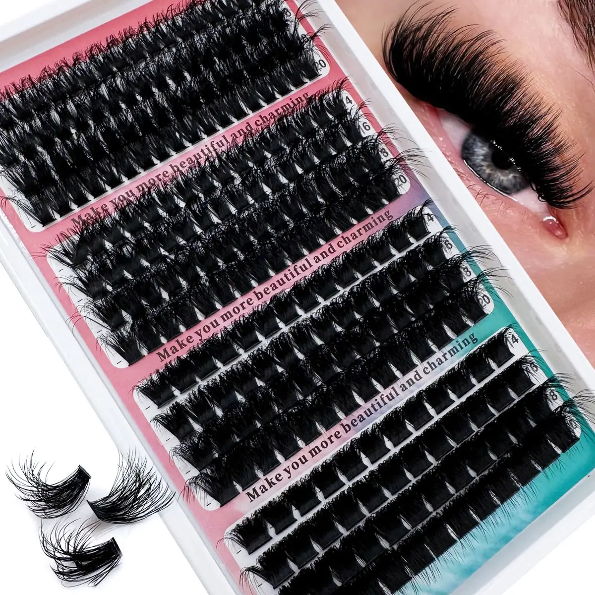 100D+120D+160D+200D/60D+80D+100D+120D/80D+100D+120D+160D DIY Cluster Volumized False Eyelashes Set, Fairy Lashes Mixed Pack, Natural Fluffy Style, Lightweight, Dramatic Lashes, D/DD Curl, 0.07mm Thickness, 14-20mm Length, Cosmetic Volume Lashes