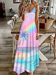 Women's Plus Size Rainbow Color Stripe V-Neck Sleeveless Strapless Dress, Elegant Casual Fashion Vacation Style, Beautiful and Elegant Dress Recommendation