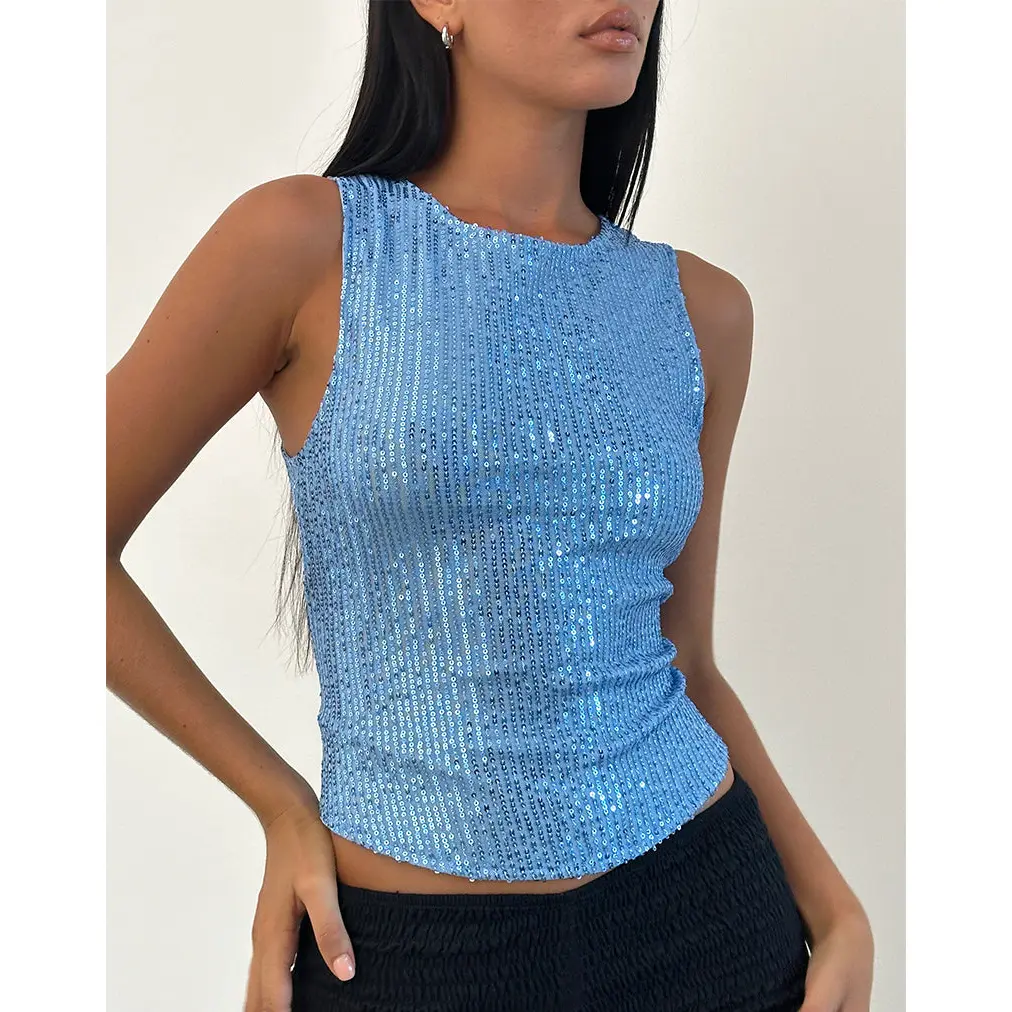 Hala Top in Drape Mini Sequin Light Blue