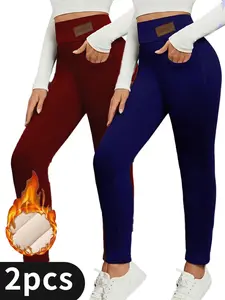 2 Pcs High-Stretch Fleece Yoga Pants with Pocket, Women's Solid Color Activewear Leggings for Running Fitness Sports