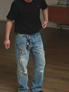 Men's Vintage Punk Washed Ripped Print Jeans, High Street Hip Hop Straight Leg Casual Long Pants, All Seasons Fitted Mid Waist Denim